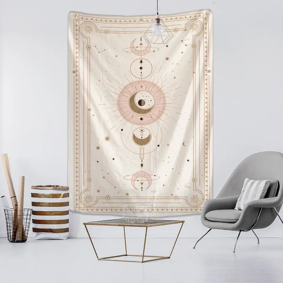 Pink planet tarot celestial tapestry cream and gold bedroom wall art