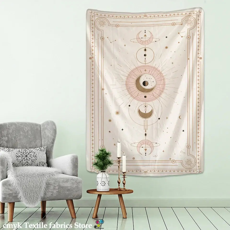 Pink planet tarot celestial tapestry cream and gold bedroom wall art