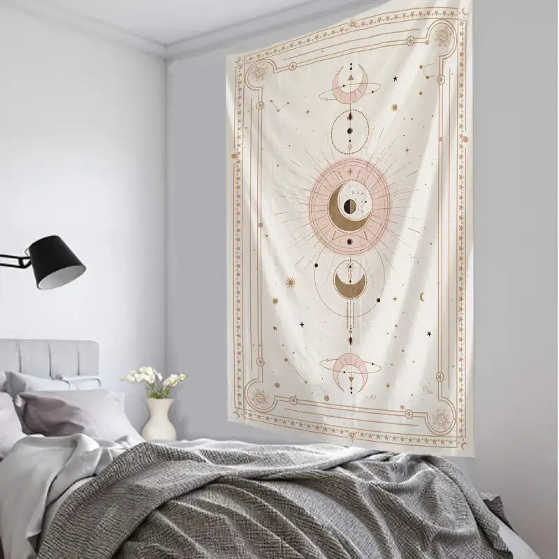 Pink planet tarot celestial tapestry cream and gold bedroom wall art