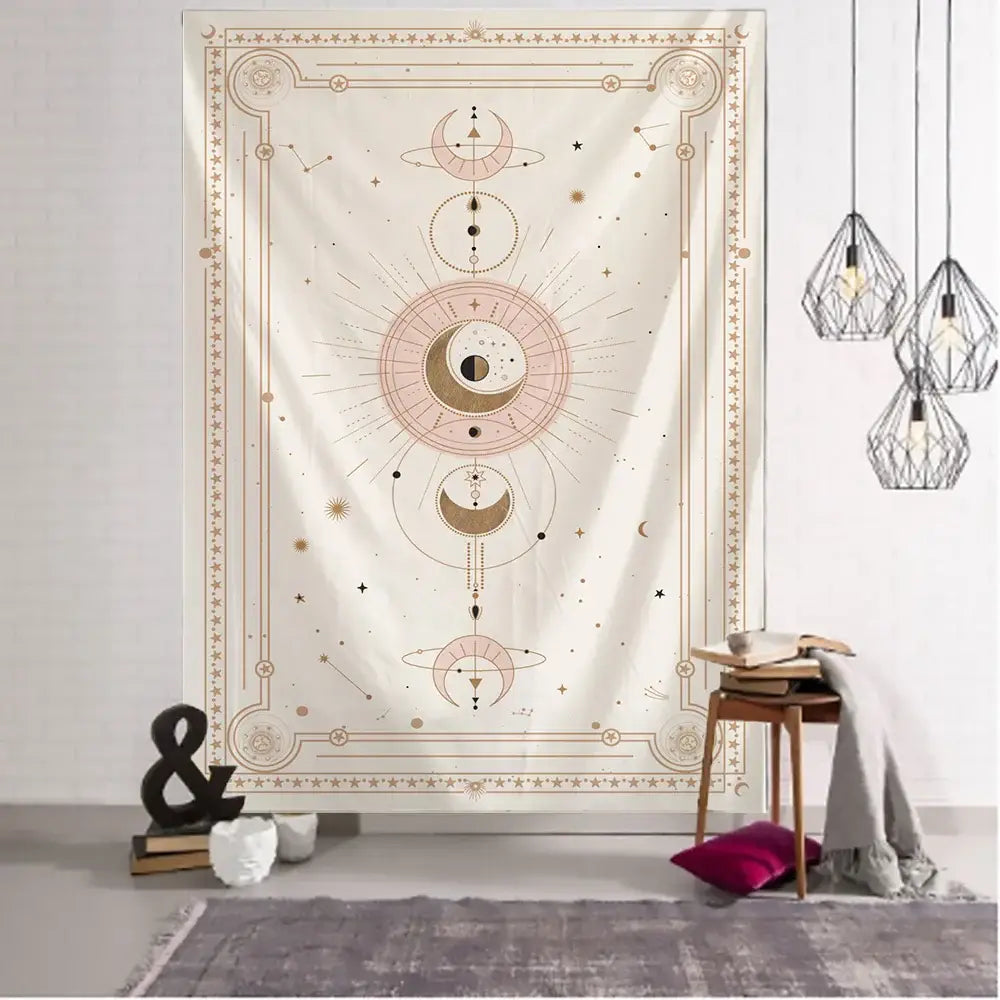 Pink planet tarot celestial tapestry cream and gold bedroom wall art