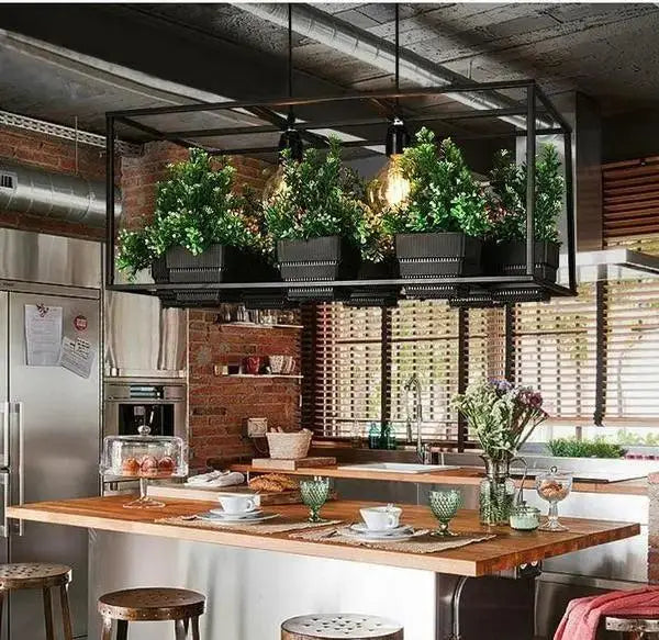 Industrial black metal planter light chandelier dining room pendant