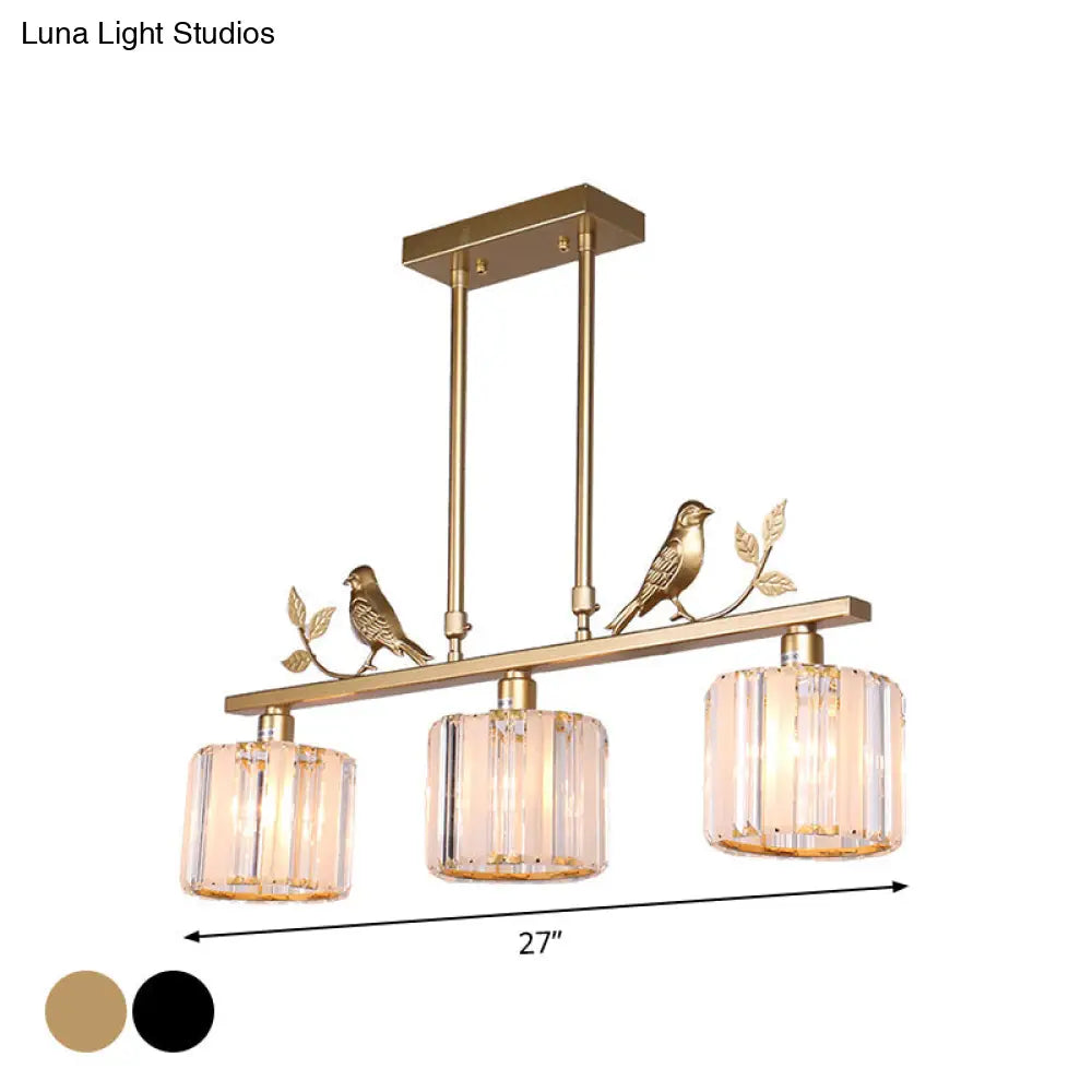 DecorBites™ Postmodern Black/Gold Crystal Prism Pendant Lamp with Bird and Leaf Decoration - 3-Bulb Cylinder Hanging Island Light