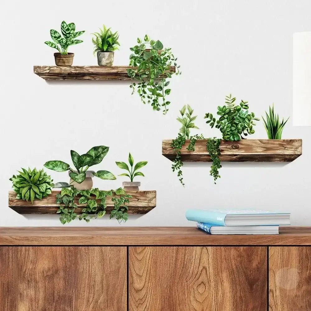 Rustic wooden shelf potted plant wall decals living room decoration