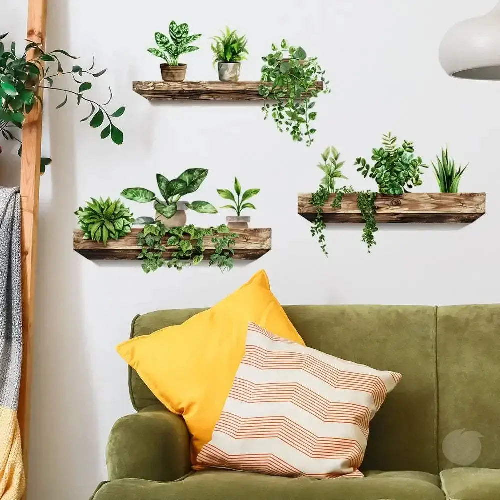 Rustic wooden shelf potted plant wall decals living room decoration