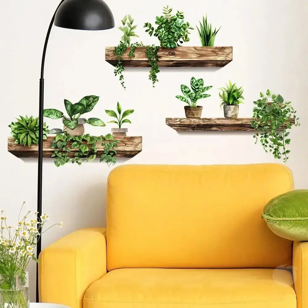Rustic wooden shelf potted plant wall decals living room decoration