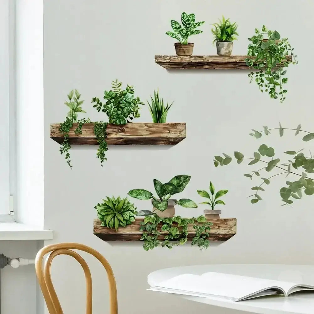 Rustic wooden shelf potted plant wall decals living room decoration