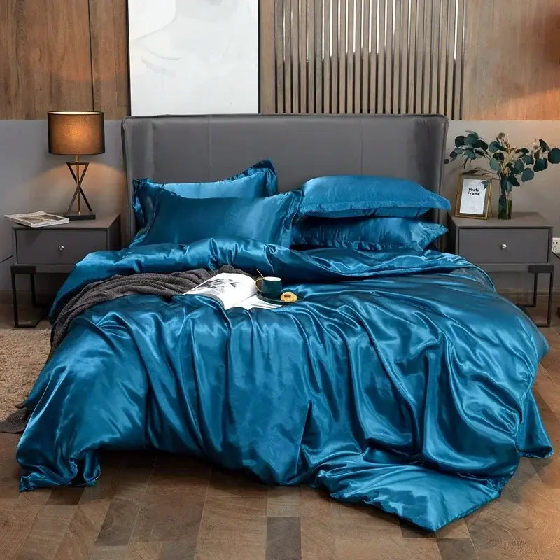 Glossy lavender satin bed sheet set with duvet cover – bedroom