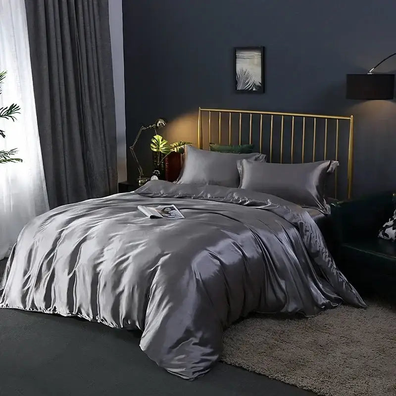 Glossy lavender satin bed sheet set with duvet cover – bedroom