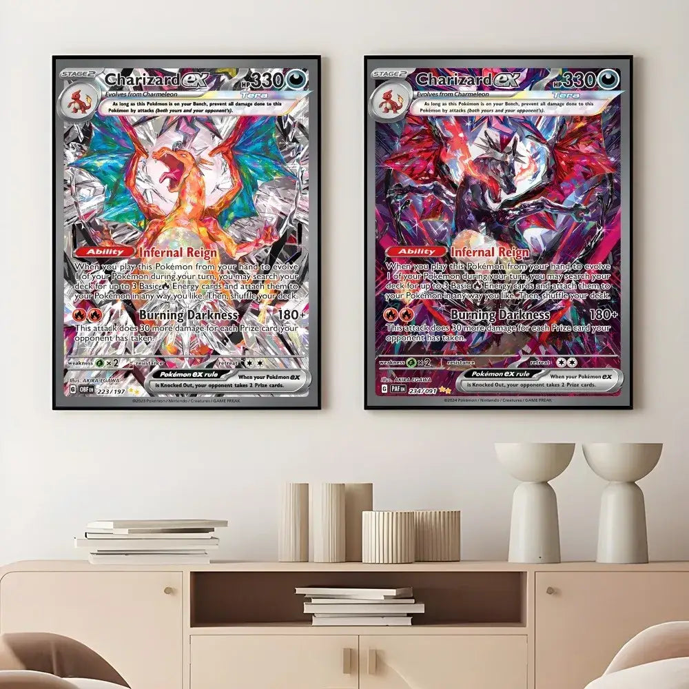 Framed japanese anime charizard metallic foil art for bedroom wall
