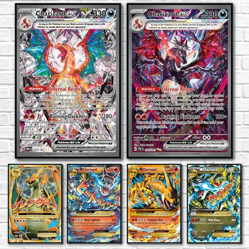 Framed japanese anime charizard metallic foil art for bedroom wall