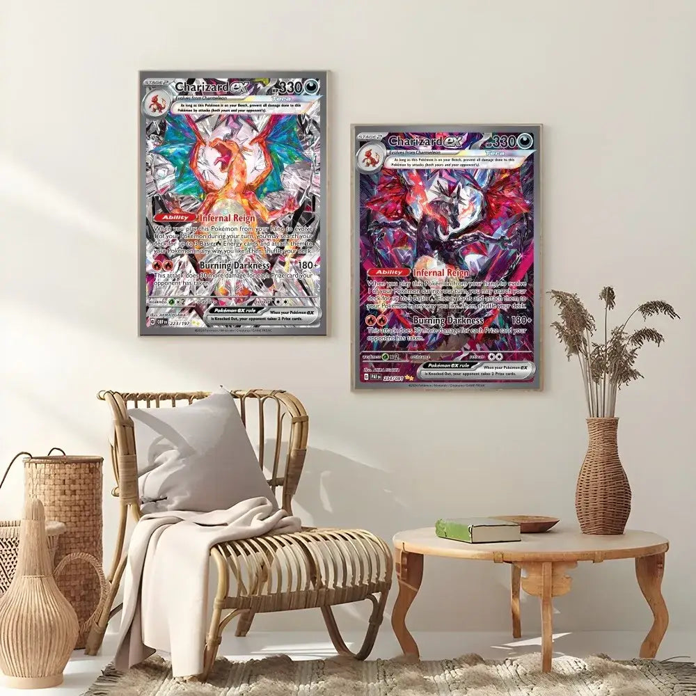 Framed japanese anime charizard metallic foil art for bedroom wall