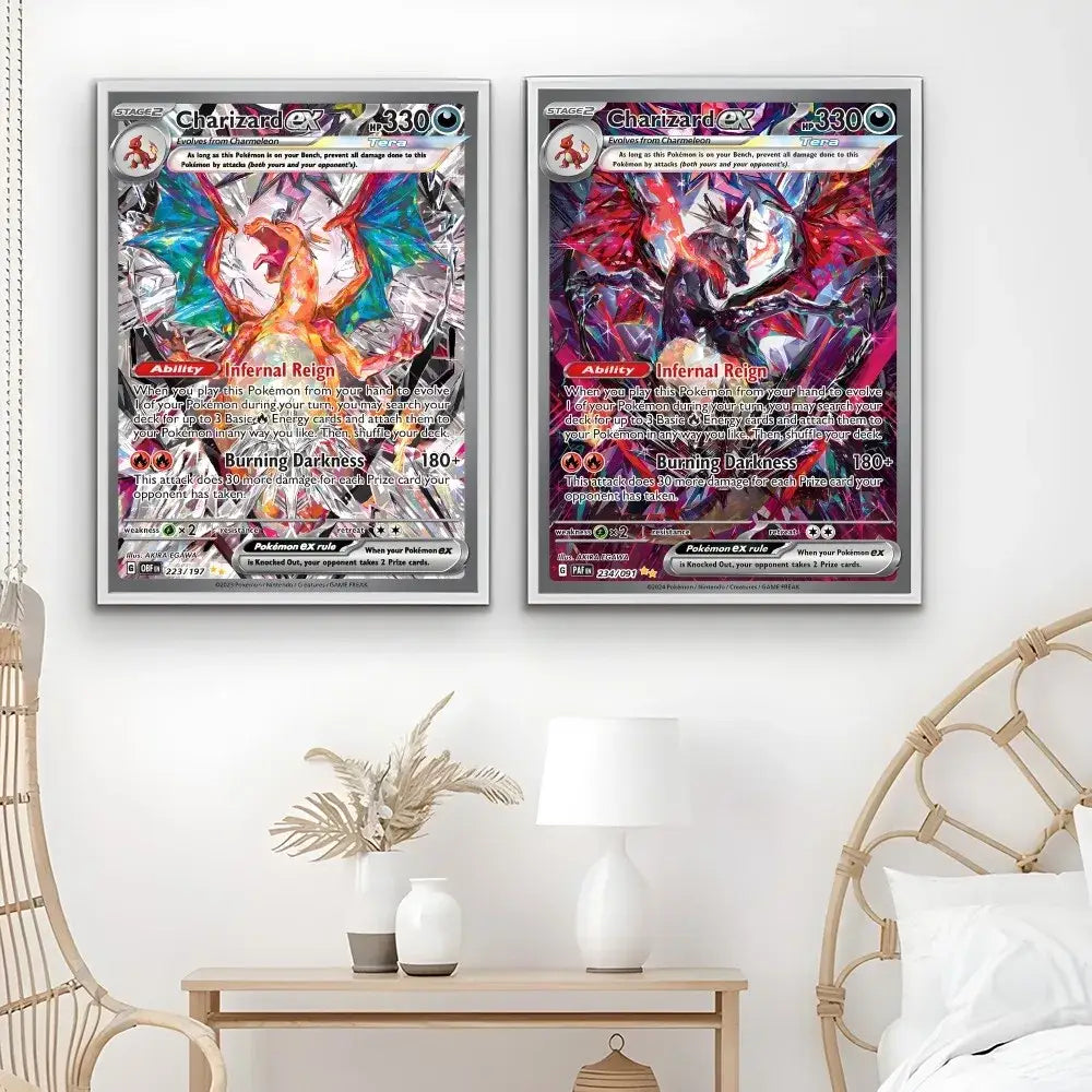 Framed japanese anime charizard metallic foil art for bedroom wall