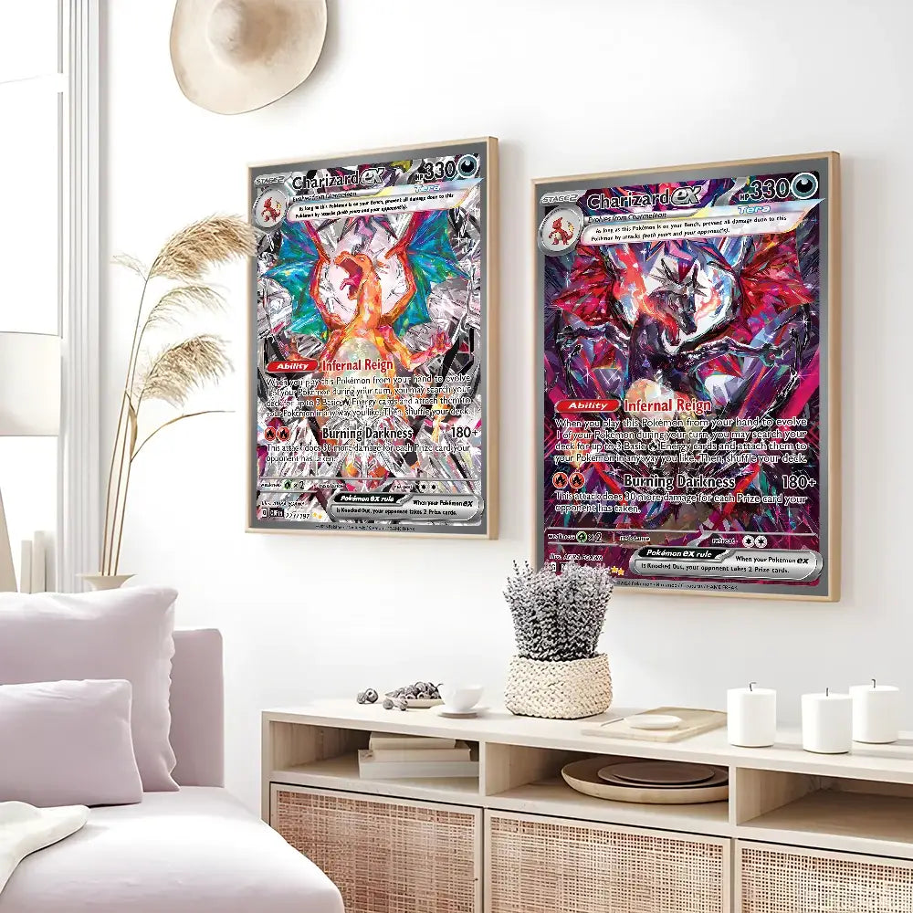 Framed japanese anime charizard metallic foil art for bedroom wall