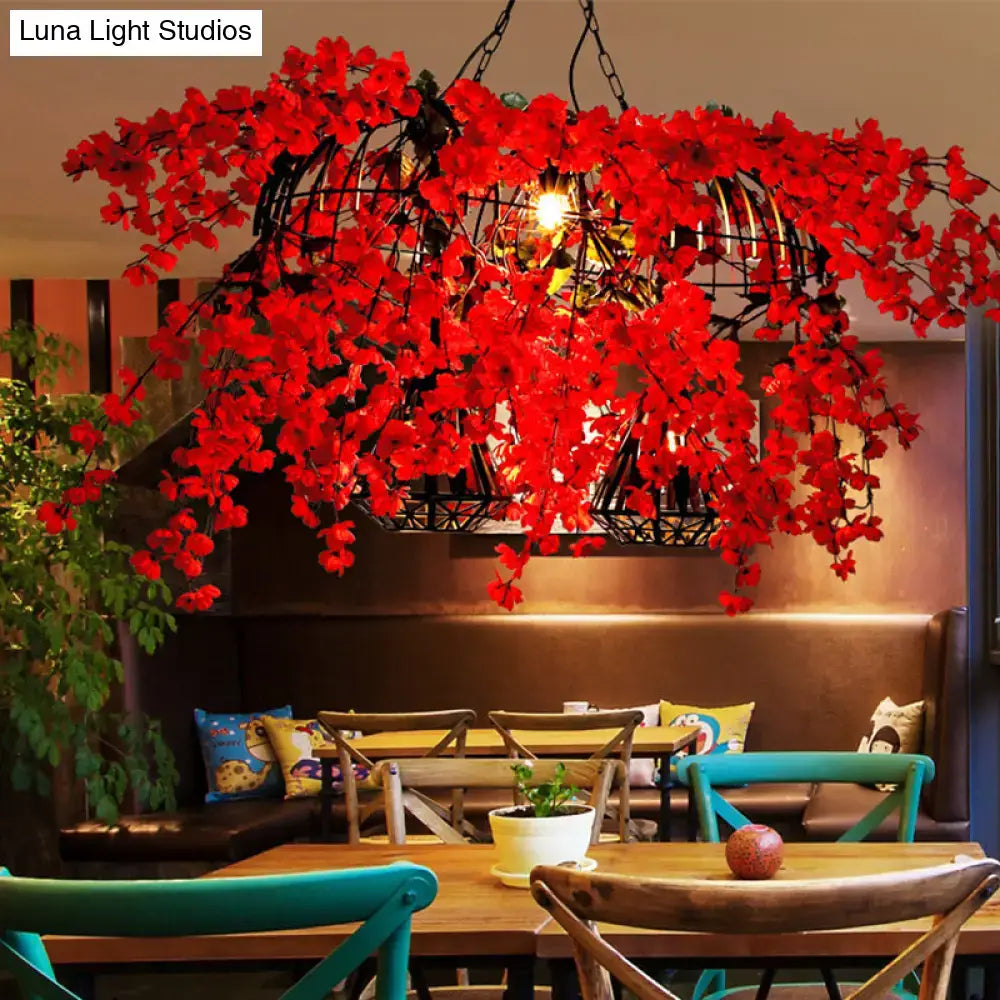 Industrial red flower suspension lamp dining room diamond cage