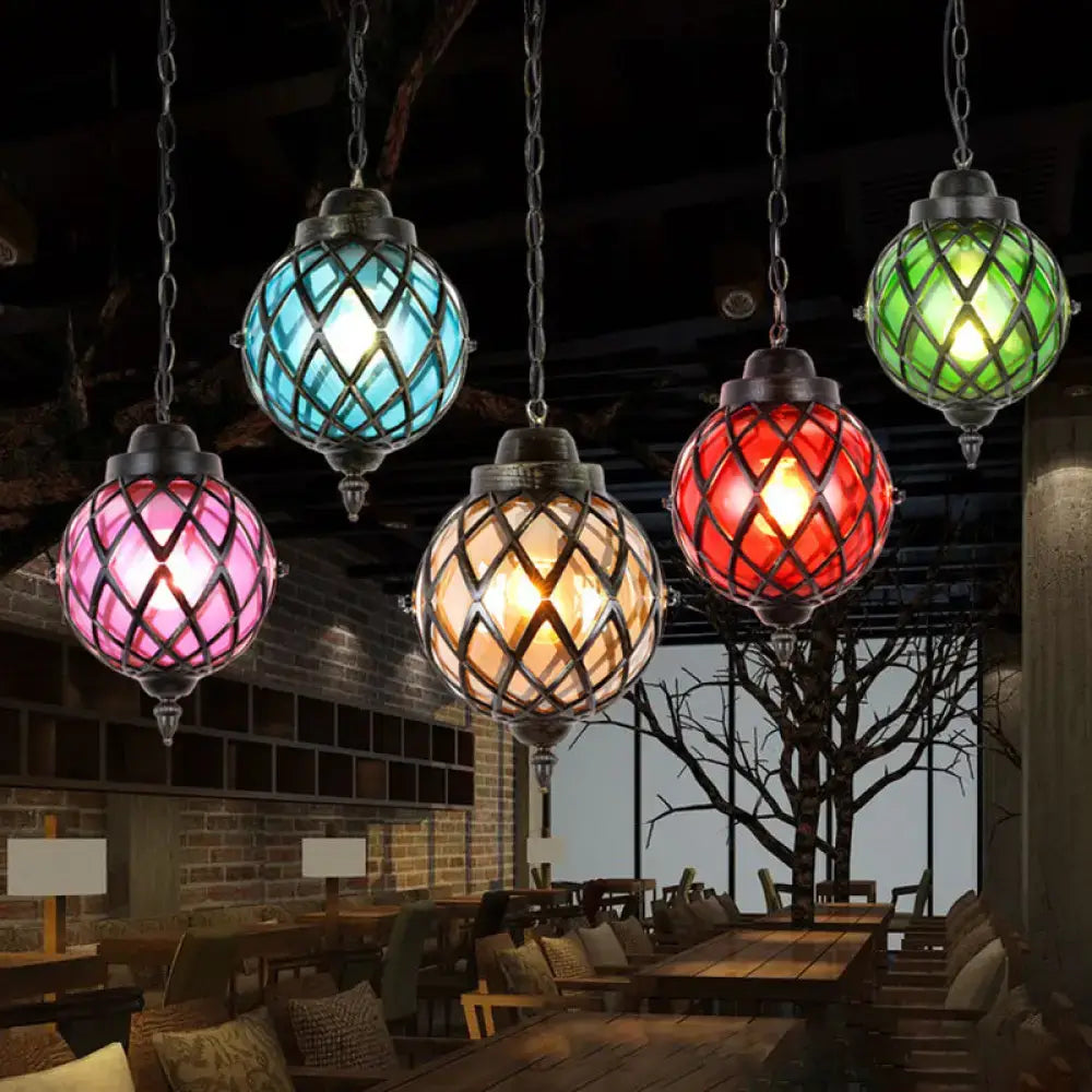 Moroccan green purple glass globe pendant light – dining room