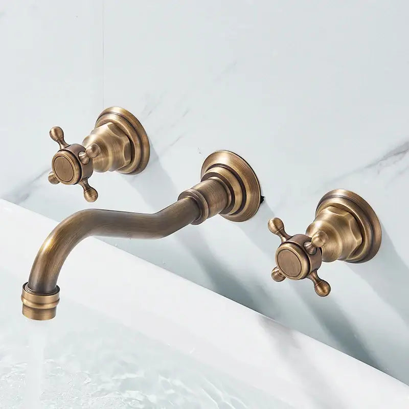 Retro antique brass wall mounted bathroom faucet with dual handles