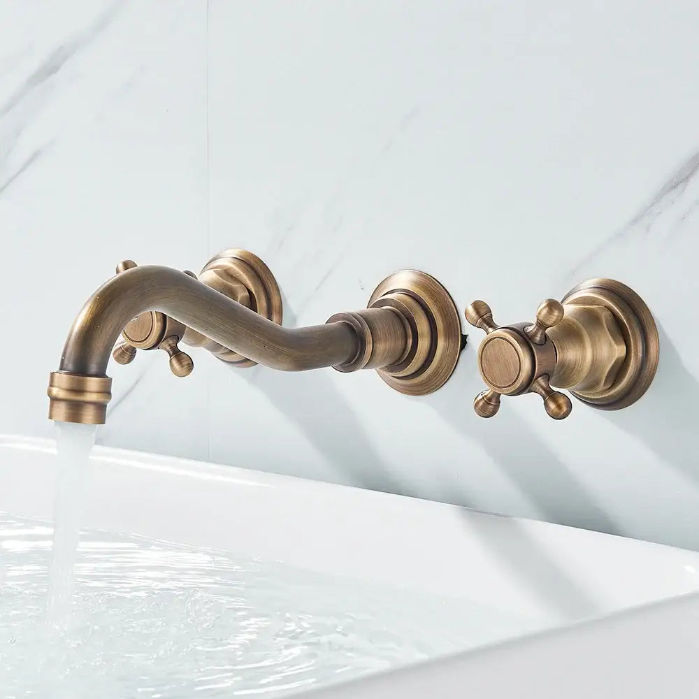 Retro antique brass wall mounted bathroom faucet with dual handles