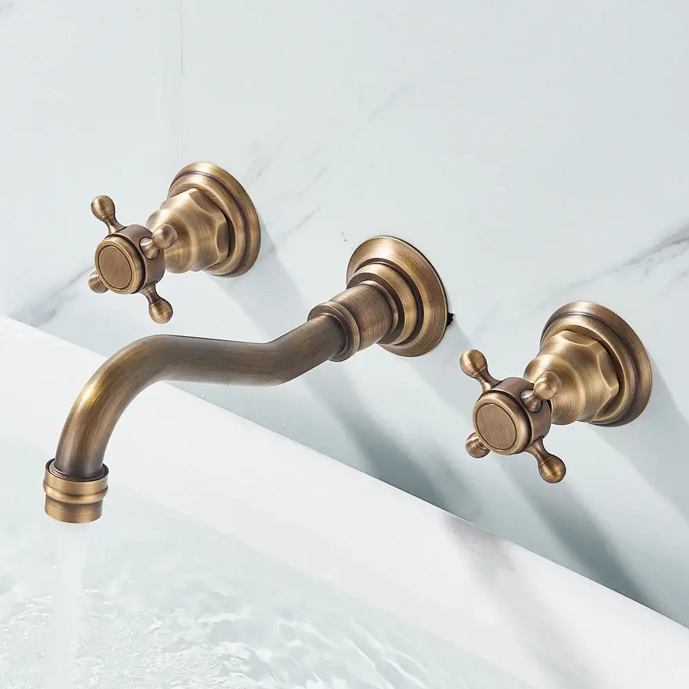 Retro antique brass wall mounted bathroom faucet with dual handles