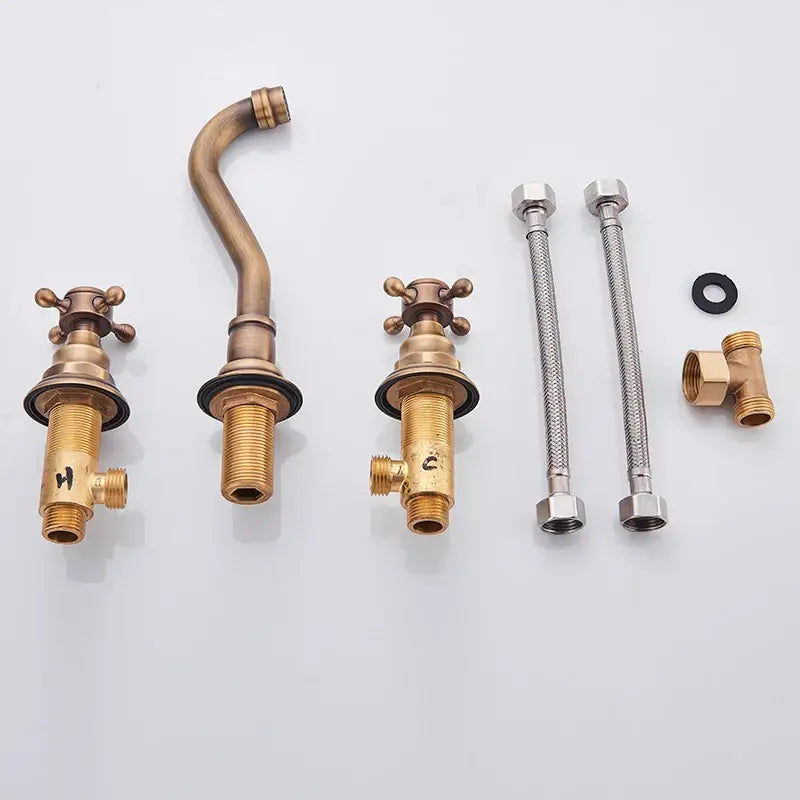Retro antique brass wall mounted bathroom faucet with dual handles