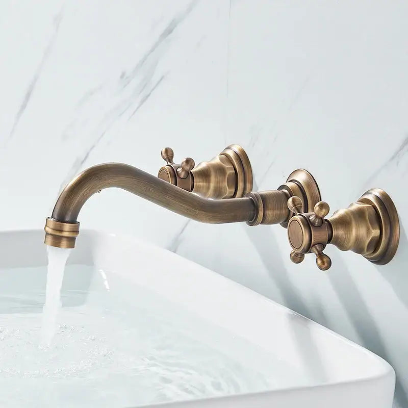 Retro antique brass wall mounted bathroom faucet with dual handles