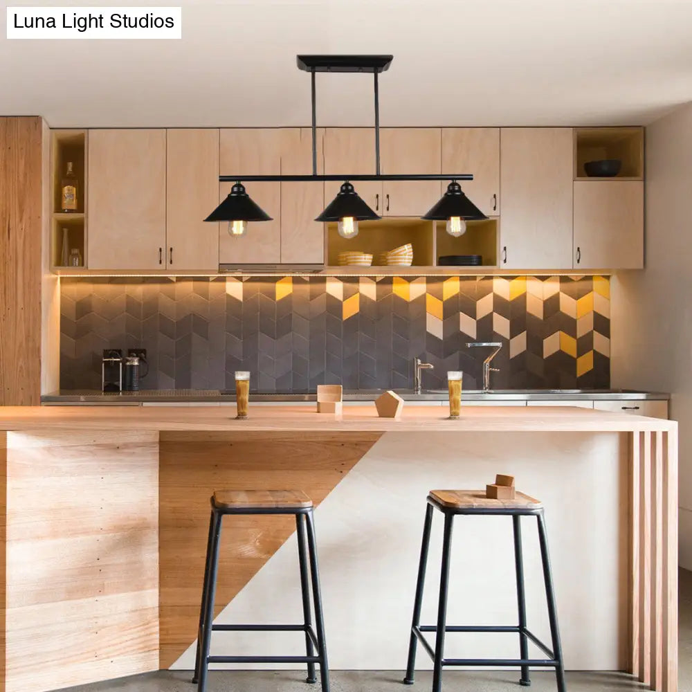 DecorBites™ Retro Loft Metal Island Pendant Light Fixture - Black Finish, Conical Design, 2/3 Lights - Kitchen Ceiling Lighting