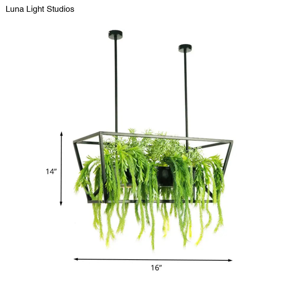 DecorBites™ Retro Metal 2-Headed Black LED Drop Lamp for Restaurant Island Ceiling - Trapezoid Design with Plant Decor