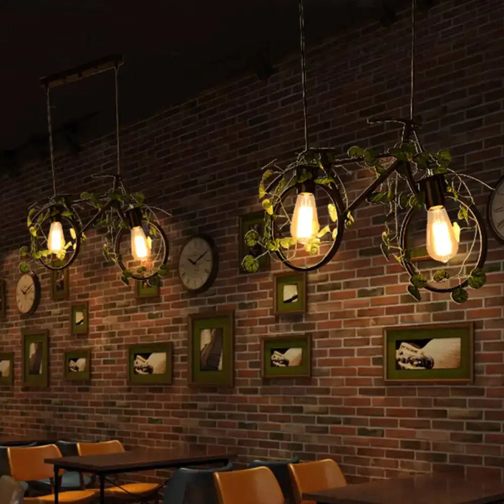 Industrial retro bicycle ceiling light with plant decor dining room