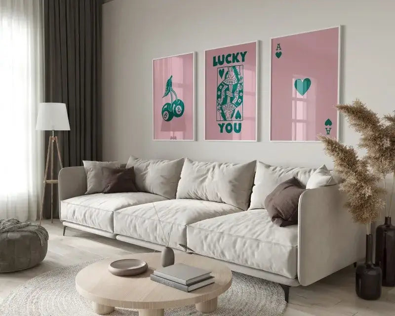 Retro green lucky you hearts canvas paintings set living room wall art