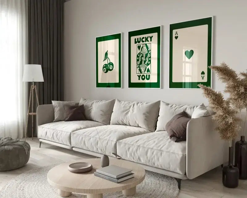 Retro green lucky you hearts canvas paintings set living room wall art