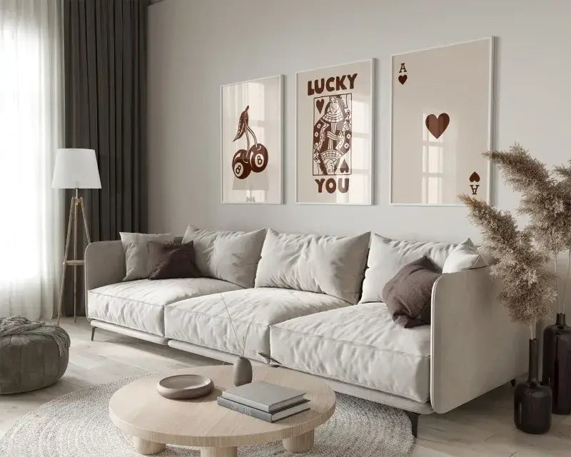 Retro beige and dark gray sectional sofa living room wall art posters