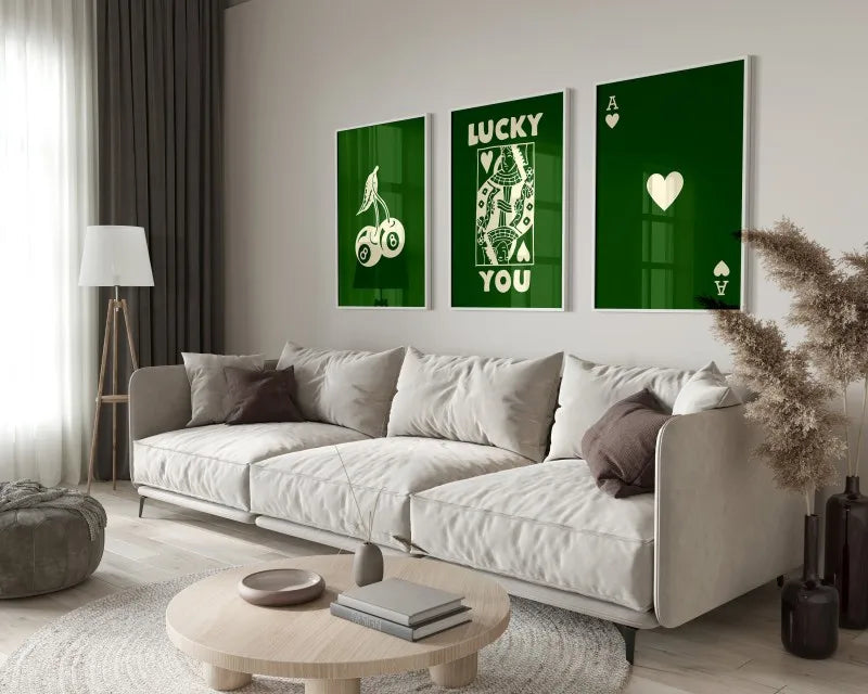 Retro green lucky charm wall art posters living room decor set