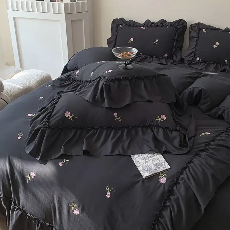 Princess white rose embroidered duvet cover set bedroom ruffled edges