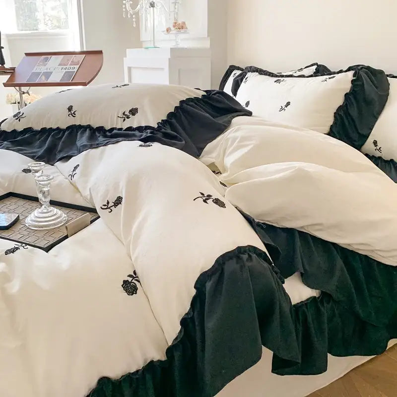 Princess white rose embroidered duvet cover set bedroom ruffled edges