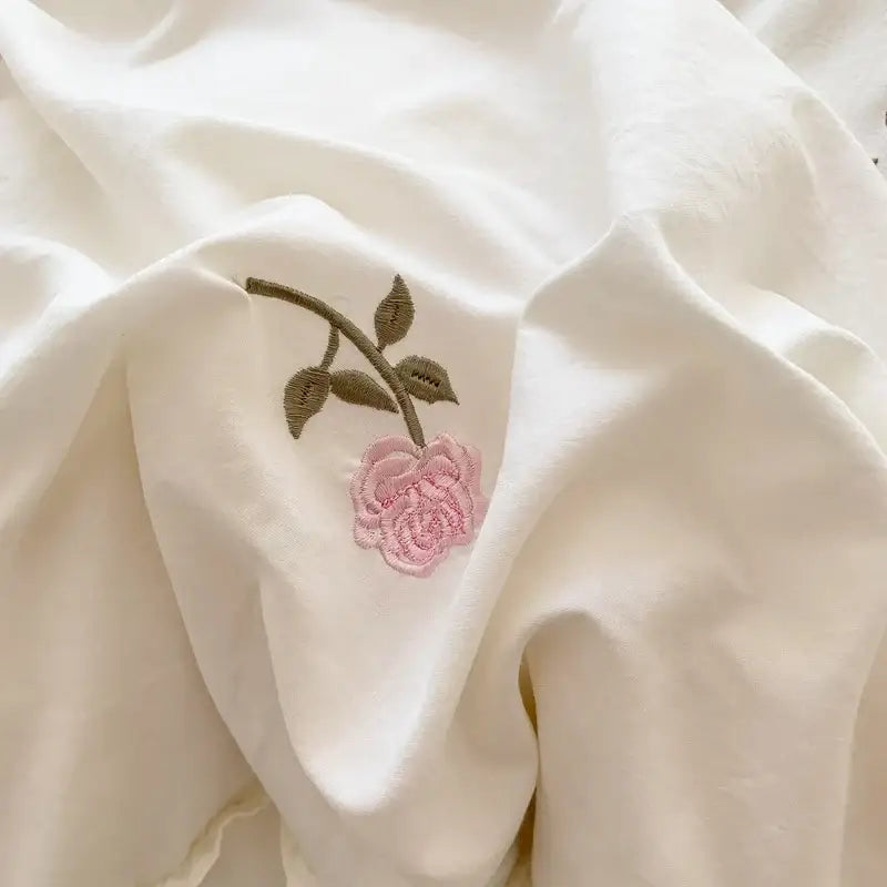 Princess white rose embroidered duvet cover set bedroom ruffled edges