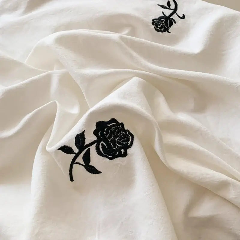 Princess white rose embroidered duvet cover set bedroom ruffled edges