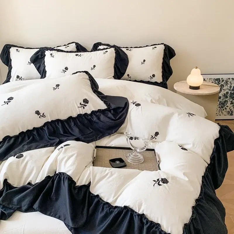 Princess white rose embroidered duvet cover set bedroom ruffled edges