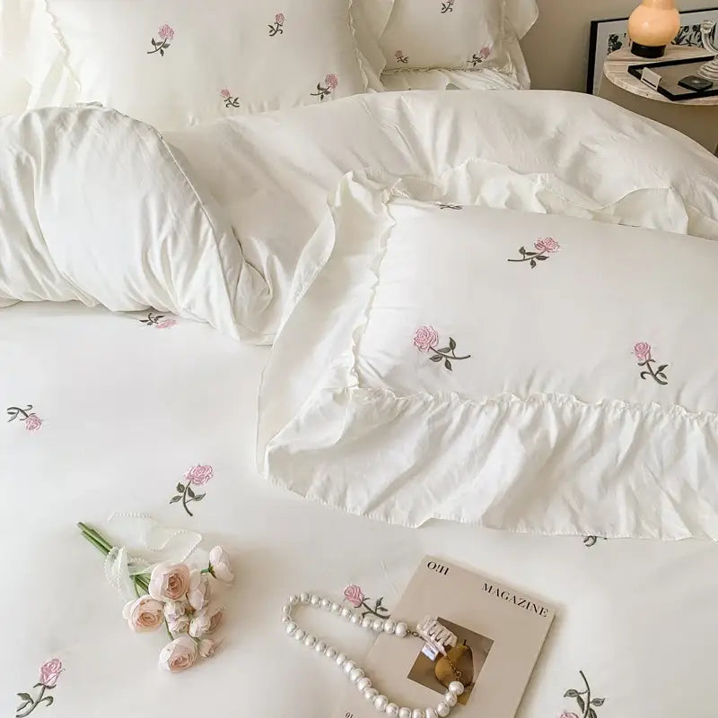 Princess white rose embroidered duvet cover set bedroom ruffled edges