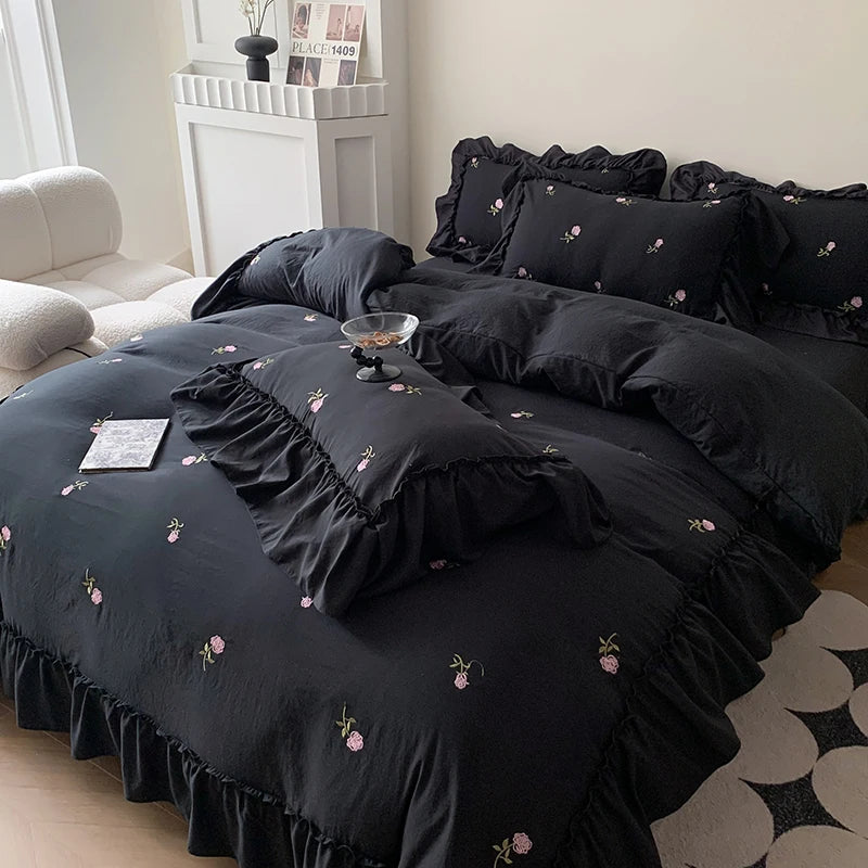 Princess white rose embroidered duvet set bedroom ruffled bedding