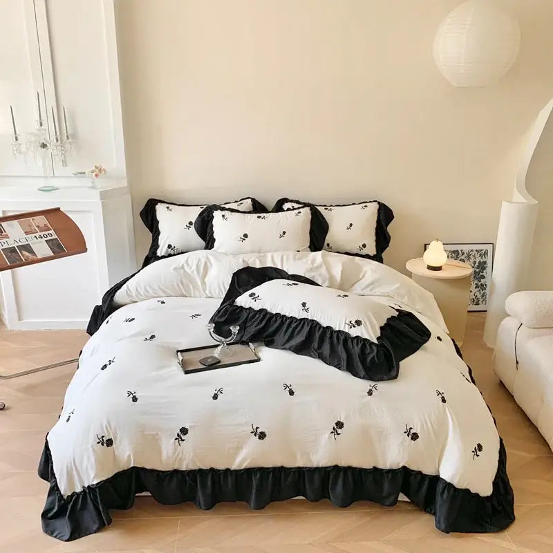 Princess white rose embroidered duvet set bedroom ruffled bedding