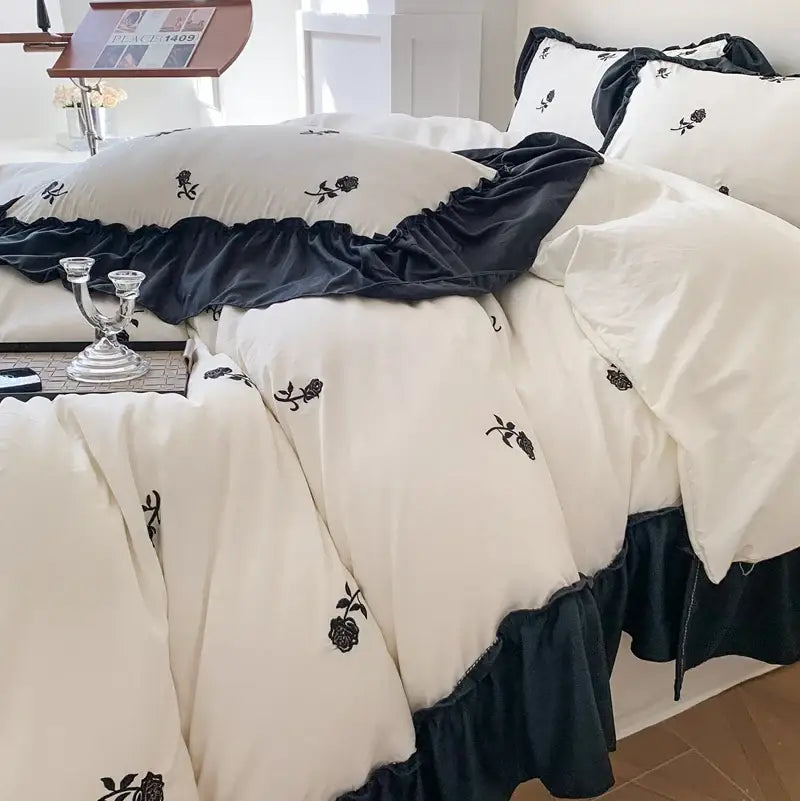 Princess white rose embroidered duvet set bedroom ruffled bedding