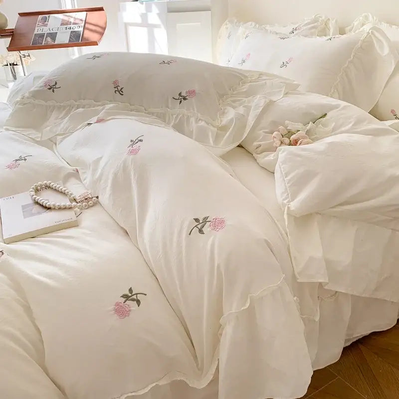 Princess white rose embroidered duvet set bedroom ruffled bedding