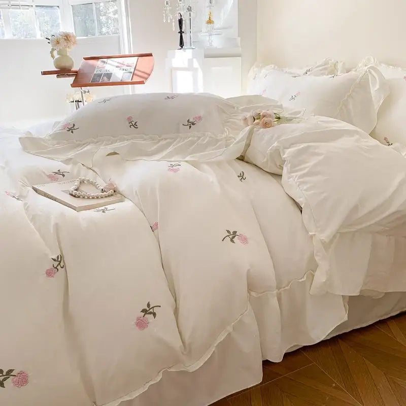 Princess white rose embroidered duvet set bedroom ruffled bedding