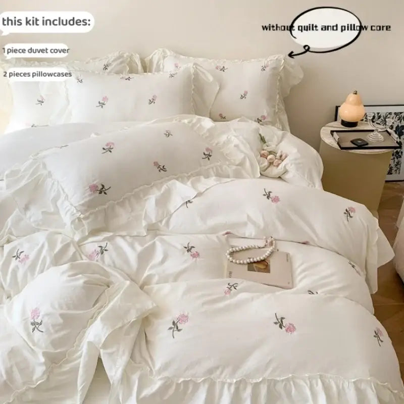 Princess white rose embroidered duvet set bedroom ruffled bedding