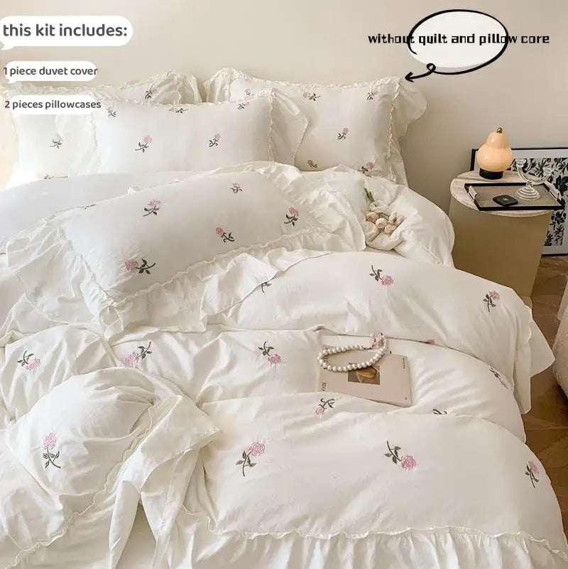 Princess white rose embroidered duvet set bedroom ruffled bedding