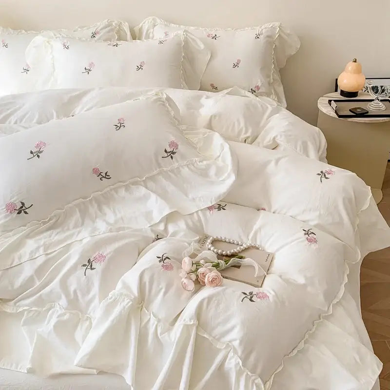 Princess white rose embroidered duvet set bedroom ruffled bedding