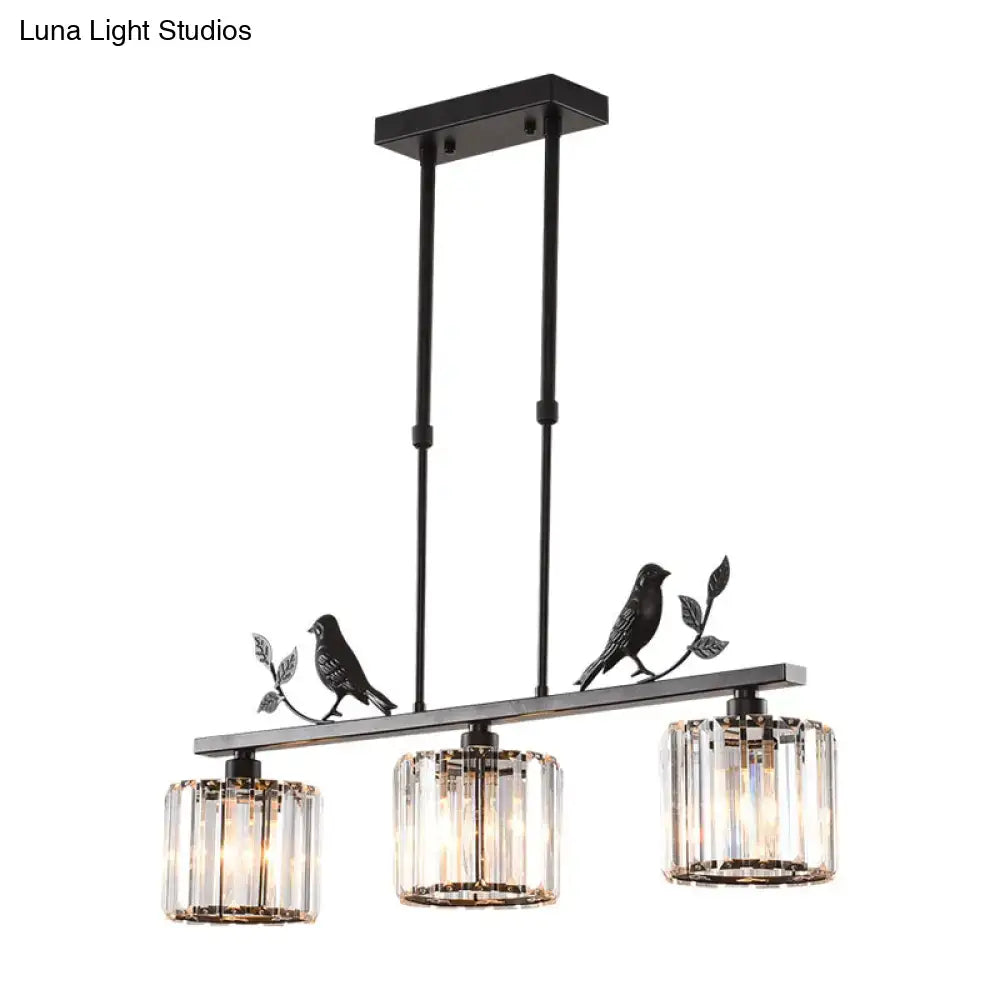 Rustic black cylindrical crystal island lighting dining room bird decor
