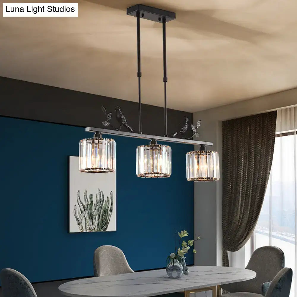 Rustic black cylindrical crystal island lighting dining room bird decor