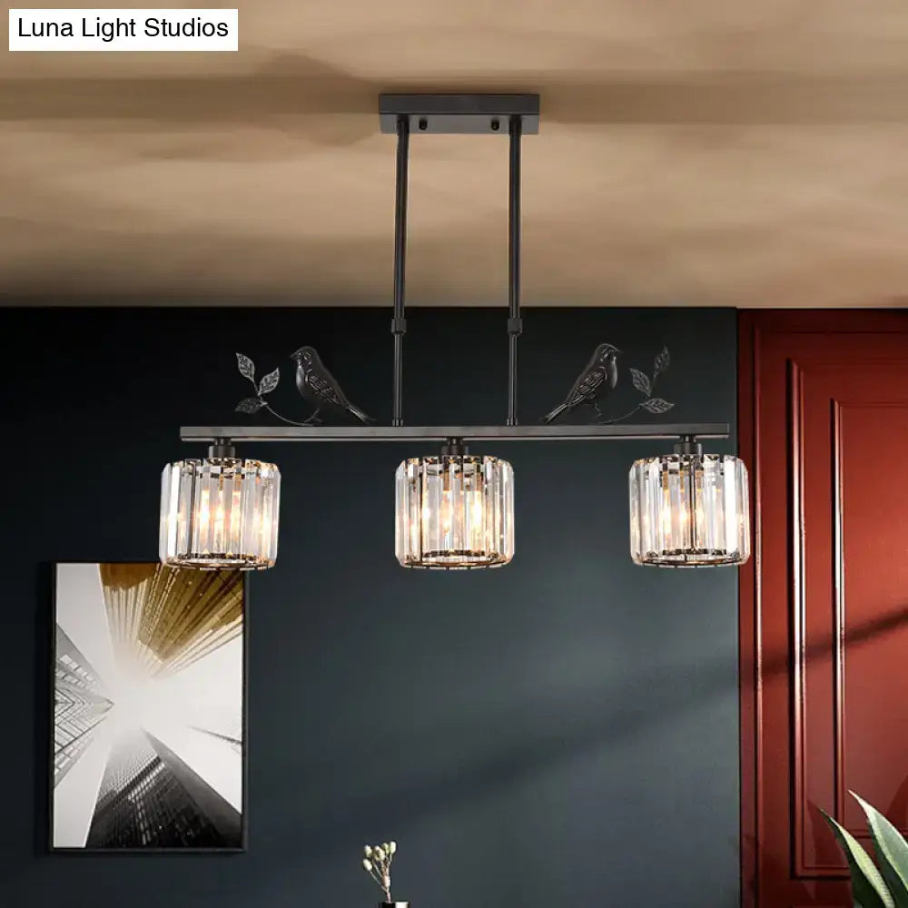 Rustic black cylindrical crystal island lighting dining room bird decor