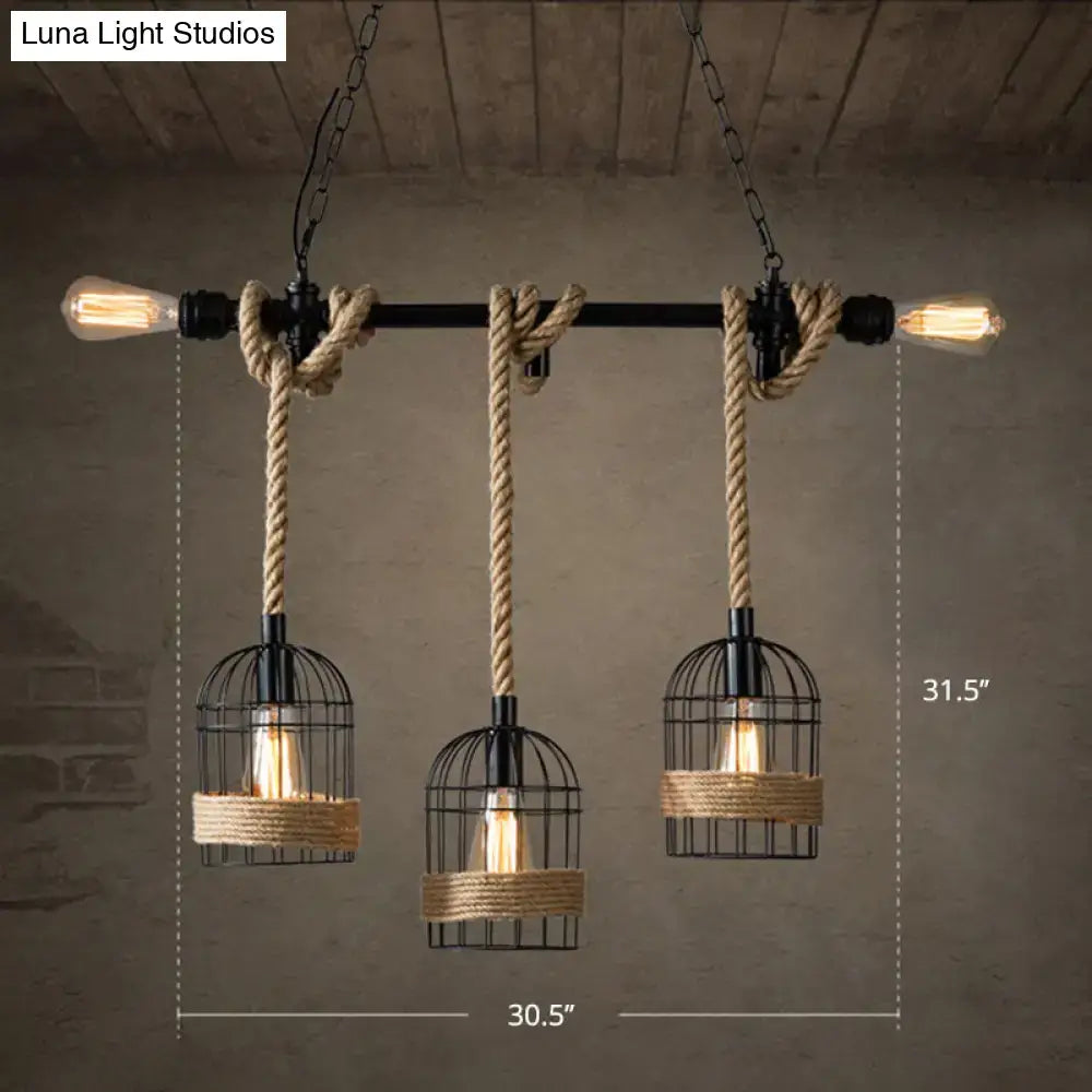 Rustic black metal and rope lantern shade pendant dining room light