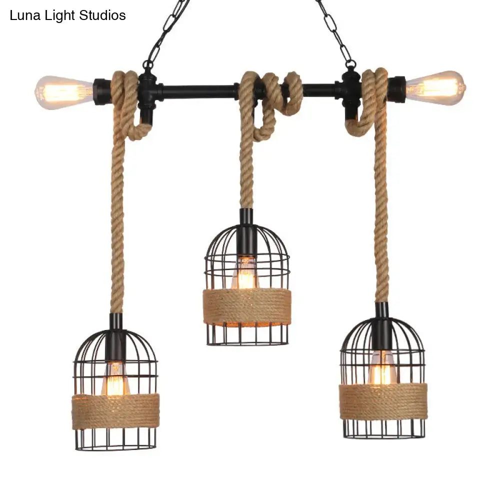 Rustic black metal and rope lantern shade pendant dining room light